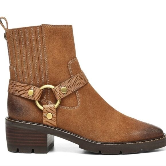 Donald Pliner Mai Moto Boots Size 8 Brown Suede Leather Saddle Harness NEW - Picture 1 of 14